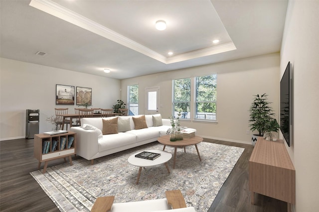 living room with dark hardwood / wood-style flooring, a tray ceiling, and ornamental molding