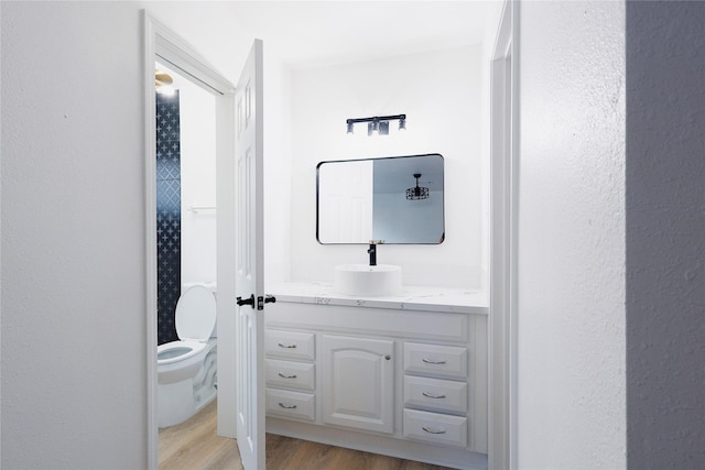 bathroom featuring wood-type flooring, vanity, and toilet