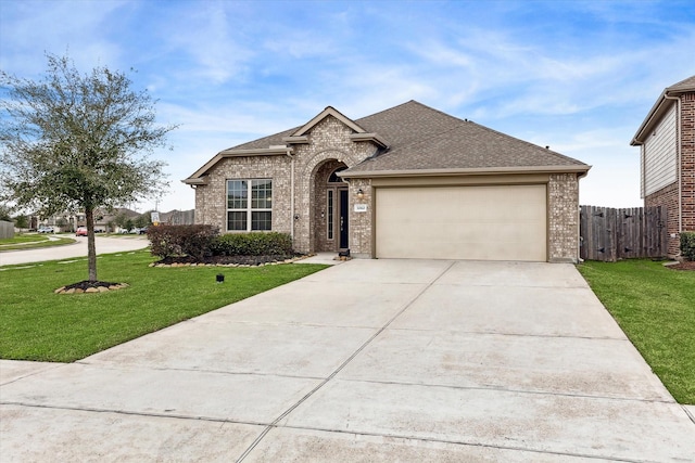 view of front of home with a garage and a front lawn