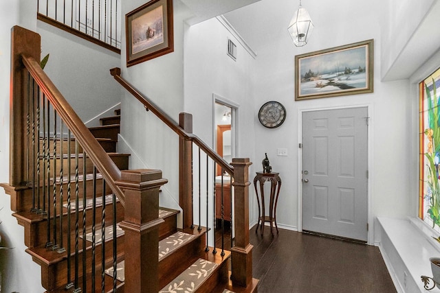 entrance foyer featuring a towering ceiling, dark hardwood / wood-style flooring, and a healthy amount of sunlight