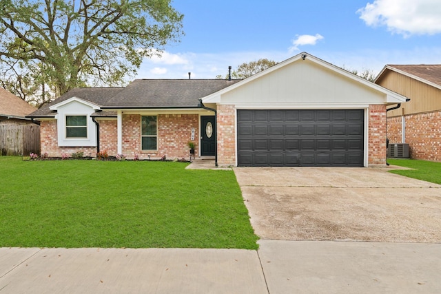 ranch-style home featuring a garage, central air condition unit, and a front lawn