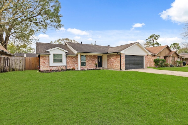 ranch-style house featuring a garage and a front lawn