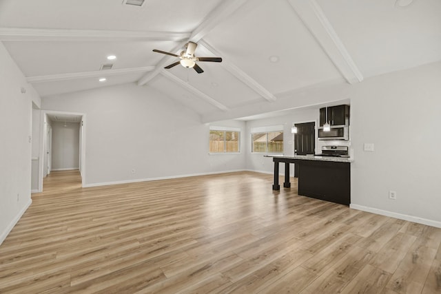 unfurnished living room featuring lofted ceiling with beams, light hardwood / wood-style floors, and ceiling fan