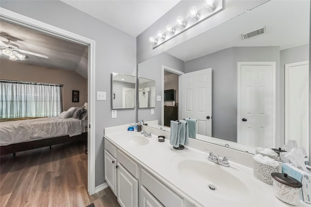 bathroom with vanity, wood-type flooring, and vaulted ceiling