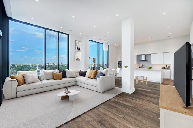 living room featuring a wall of windows and dark wood-type flooring