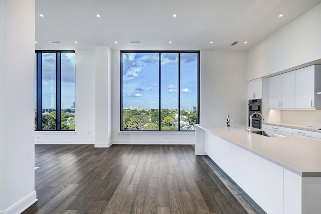 kitchen with white cabinets, dark hardwood / wood-style floors, stainless steel double oven, and sink