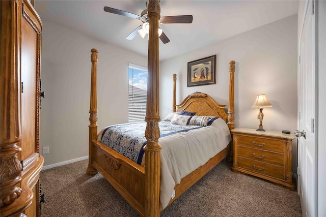 bedroom with ceiling fan and dark carpet