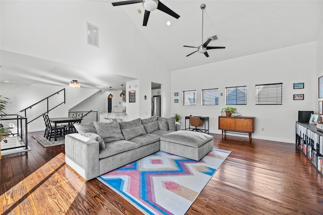 living room with ceiling fan, sink, high vaulted ceiling, and dark hardwood / wood-style floors