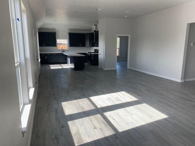 unfurnished living room with dark hardwood / wood-style flooring