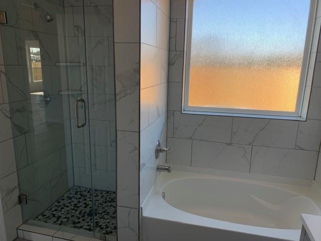 bathroom with separate shower and tub and vanity