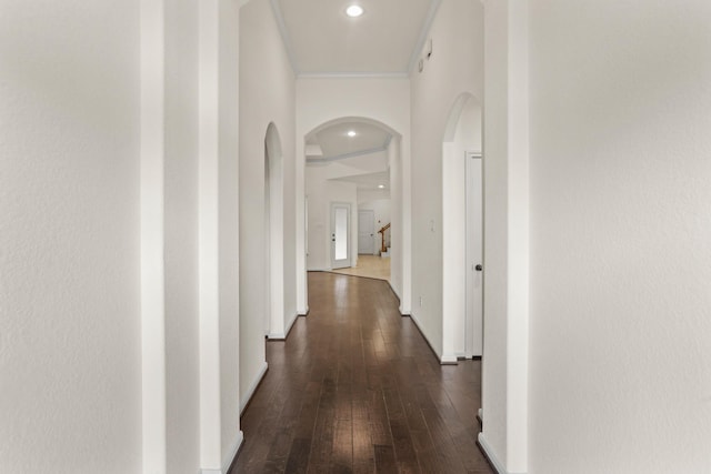 hall featuring crown molding and dark wood-type flooring