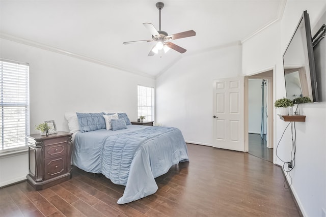 bedroom with ceiling fan, lofted ceiling, dark hardwood / wood-style floors, and multiple windows