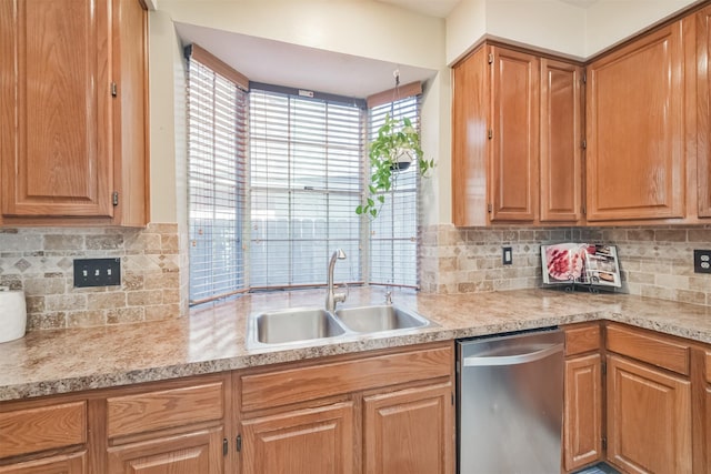 kitchen with stainless steel dishwasher, sink, and backsplash