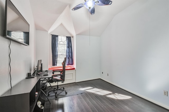 office space with lofted ceiling, dark wood-type flooring, and ceiling fan