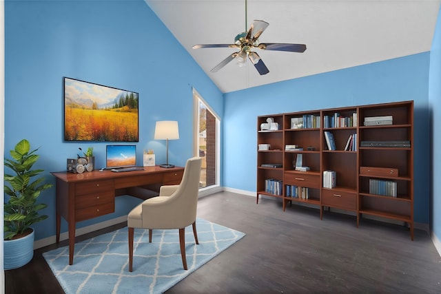 office area with ceiling fan, dark hardwood / wood-style flooring, and lofted ceiling