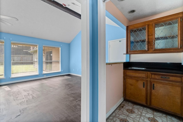 kitchen featuring lofted ceiling and a textured ceiling