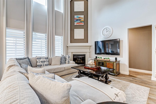 living room with a high ceiling and light hardwood / wood-style floors