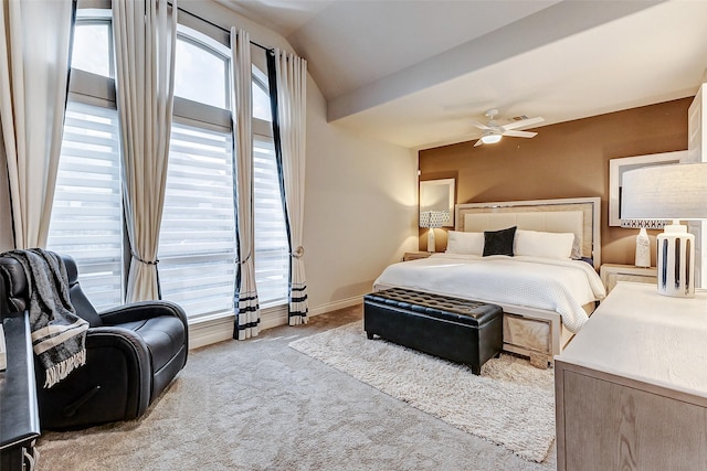 bedroom featuring light carpet, ceiling fan, and lofted ceiling