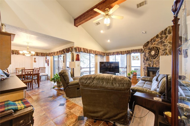 living room featuring beam ceiling, a fireplace, high vaulted ceiling, and ceiling fan with notable chandelier