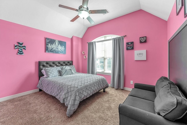 bedroom featuring light carpet, ceiling fan, and lofted ceiling