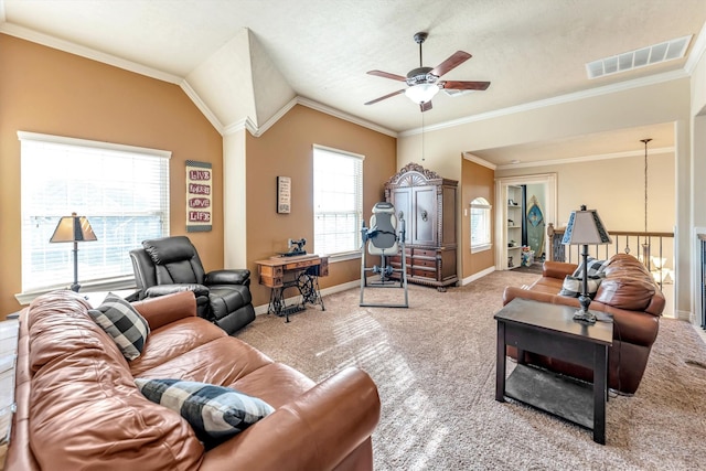 living room with carpet flooring, ceiling fan, and ornamental molding