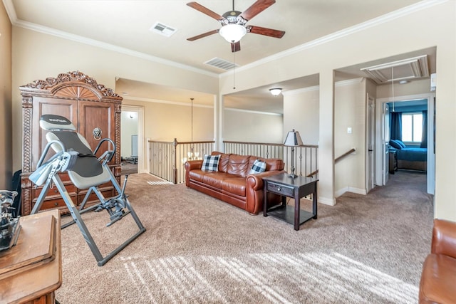 exercise room featuring carpet flooring, ceiling fan, and ornamental molding