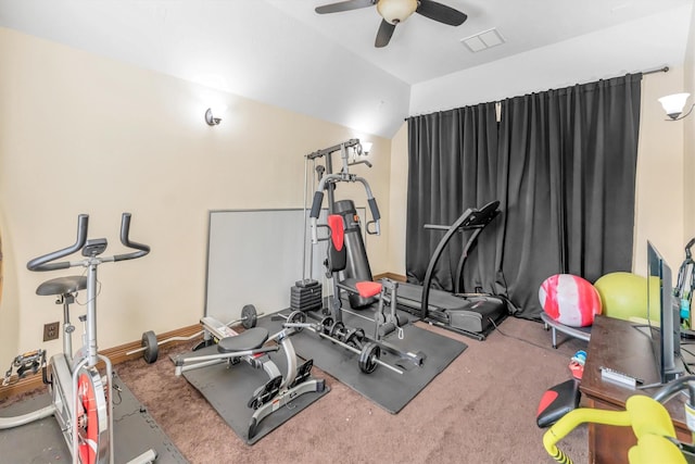 exercise room with carpet flooring, ceiling fan, and lofted ceiling