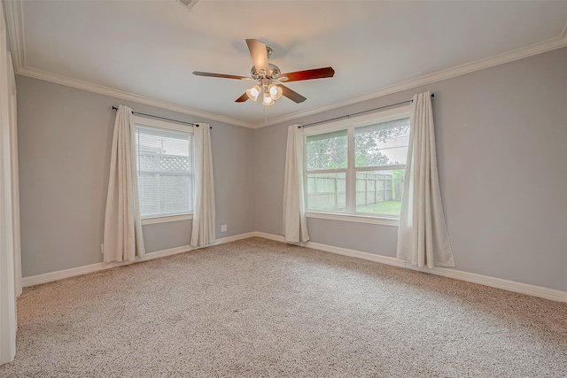 empty room with carpet flooring, a wealth of natural light, crown molding, and ceiling fan