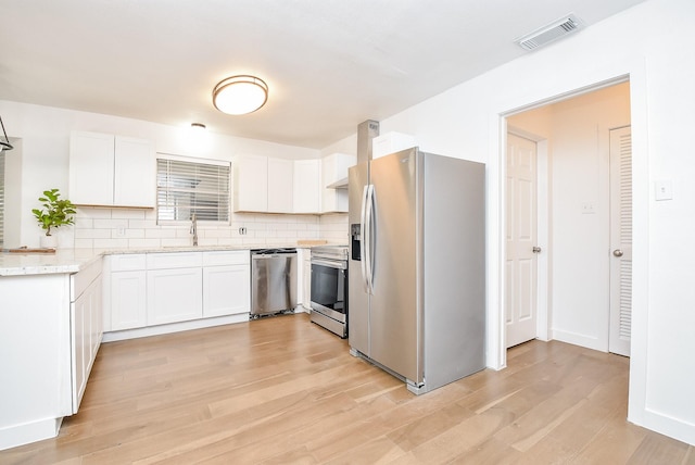 kitchen featuring white cabinets, sink, light hardwood / wood-style flooring, decorative backsplash, and stainless steel appliances