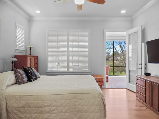 bedroom with light wood-type flooring, access to outside, ceiling fan, and crown molding