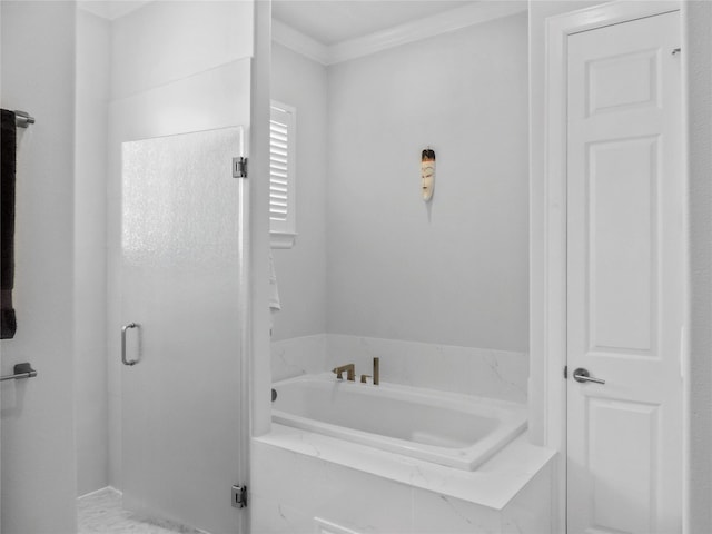 bathroom featuring plus walk in shower and crown molding