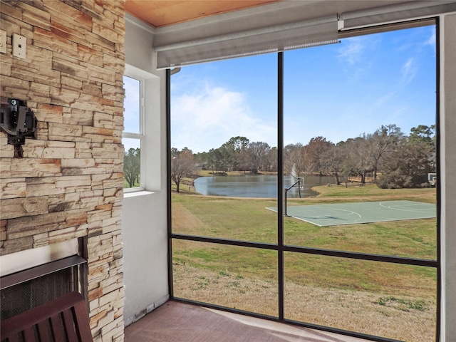 interior space with a water view