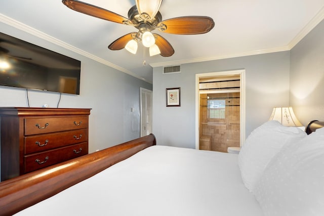 bedroom featuring connected bathroom, ceiling fan, and crown molding