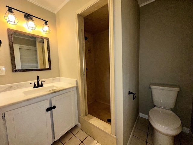 full bathroom featuring vanity, crown molding, toilet, tile patterned floors, and a stall shower