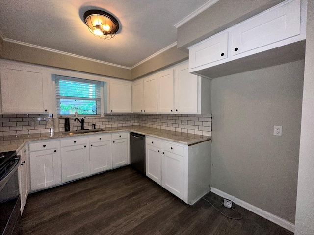 kitchen featuring decorative backsplash, dark wood-style flooring, black dishwasher, electric range oven, and white cabinetry