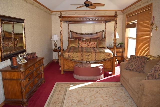 bedroom with ceiling fan, dark carpet, and ornamental molding