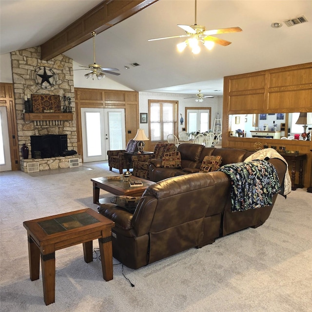 26 Westpoint Dr, Trinity, TX 75862 - carpeted living area featuring a ceiling fan and a fireplace