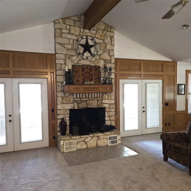 26 Westpoint Dr, Trinity, TX 75862 - living room with french doors, carpet floors, ceiling fan, a fireplace, and healthy amount of natural light
