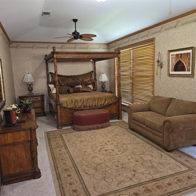 26 Westpoint Dr, Trinity, TX 75862 - bedroom with vaulted ceiling, carpet, crown molding, and wallpapered walls