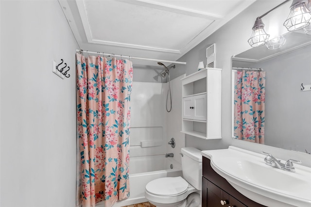 full bathroom featuring shower / bath combo, vanity, and toilet