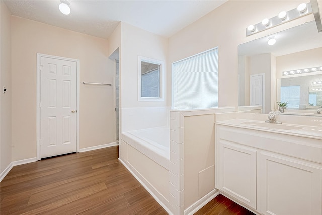 bathroom with a bath, baseboards, wood finished floors, and vanity