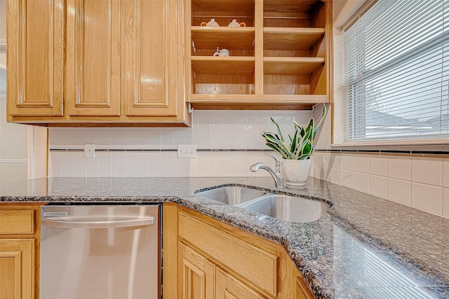 kitchen with a sink, open shelves, decorative backsplash, and dishwasher