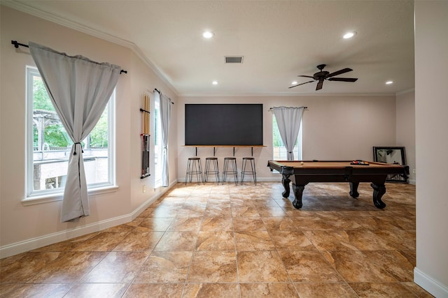 recreation room with ceiling fan, crown molding, and billiards