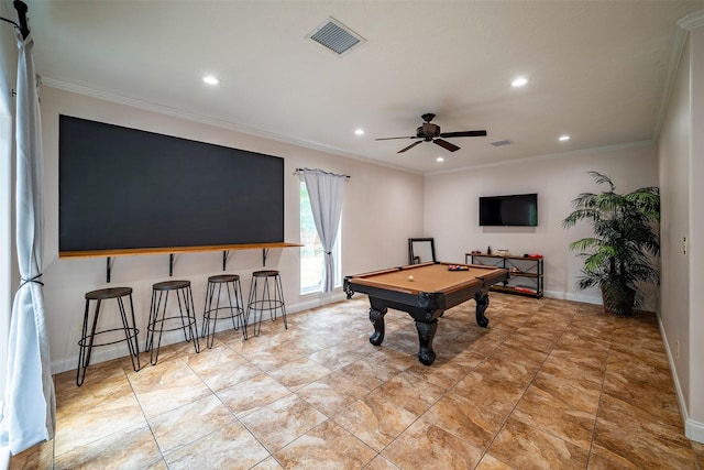 game room featuring bar, ceiling fan, crown molding, and billiards