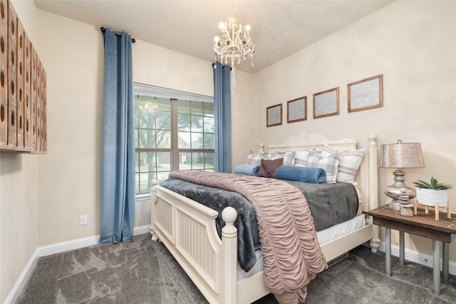 carpeted bedroom with a chandelier