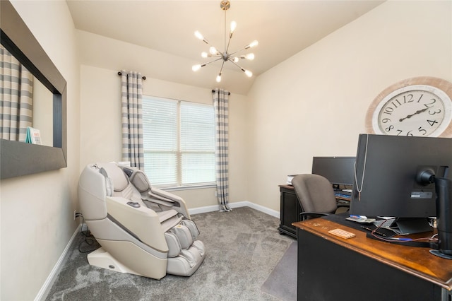 carpeted office space featuring a chandelier and vaulted ceiling