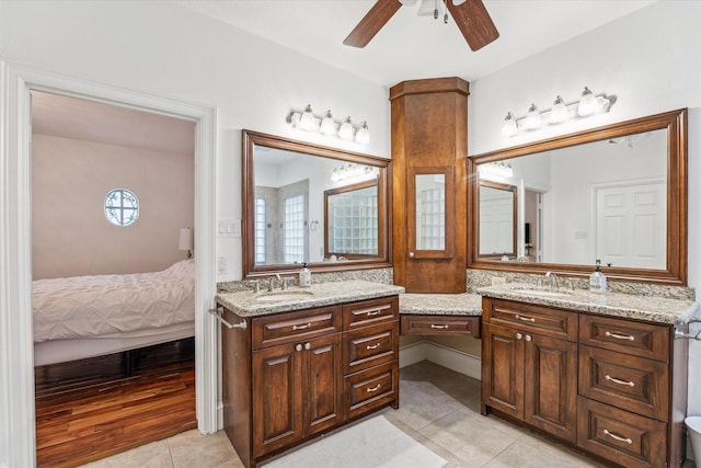 bathroom with vanity, tile patterned floors, and ceiling fan