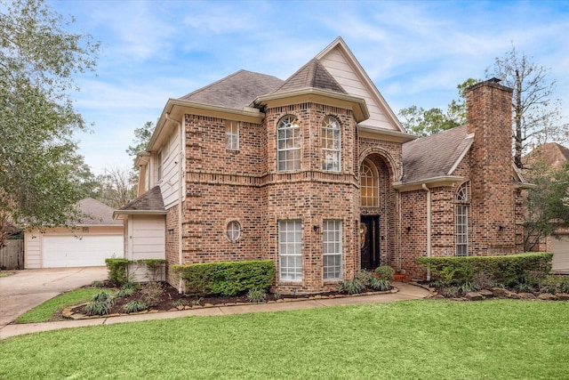 view of front of home with a front yard and a garage