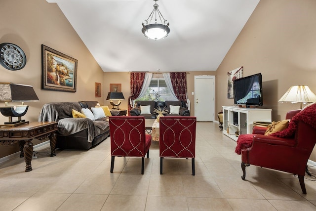 tiled living room featuring lofted ceiling