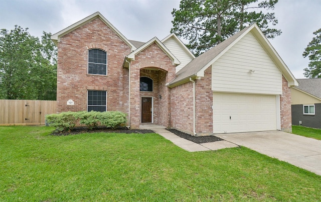 front of property with a garage and a front lawn